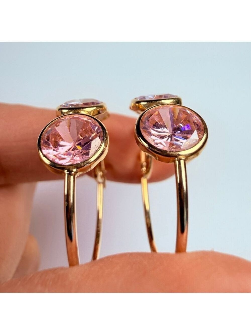 14K Solid Yellow Gold Rock Candy Gemstone Modern Hoop Earrings 28MM - Picture 5 of 13